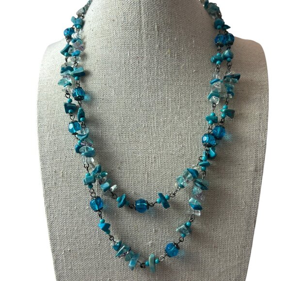 Faux Turquoise Blue Gemstone Chip Bead Necklace Double Strand Boho Layered - Picture 6 of 6